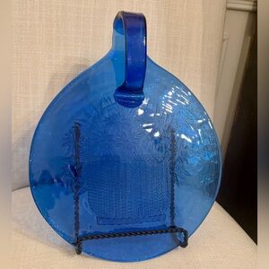 Vintage Cobalt Blue Glass Cutting Board Charcuterie With Curved Handle 10"